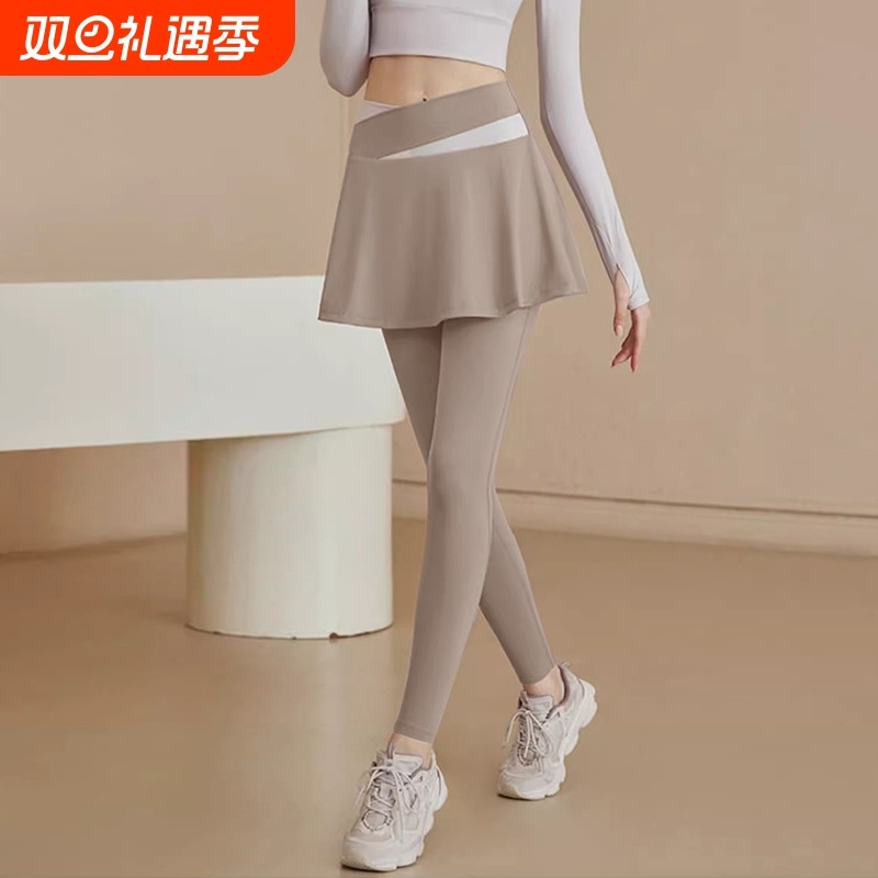 新款秋季假两件透气速干裤运动裙裤晨跑普拉提健身长裤瑜伽服裙子