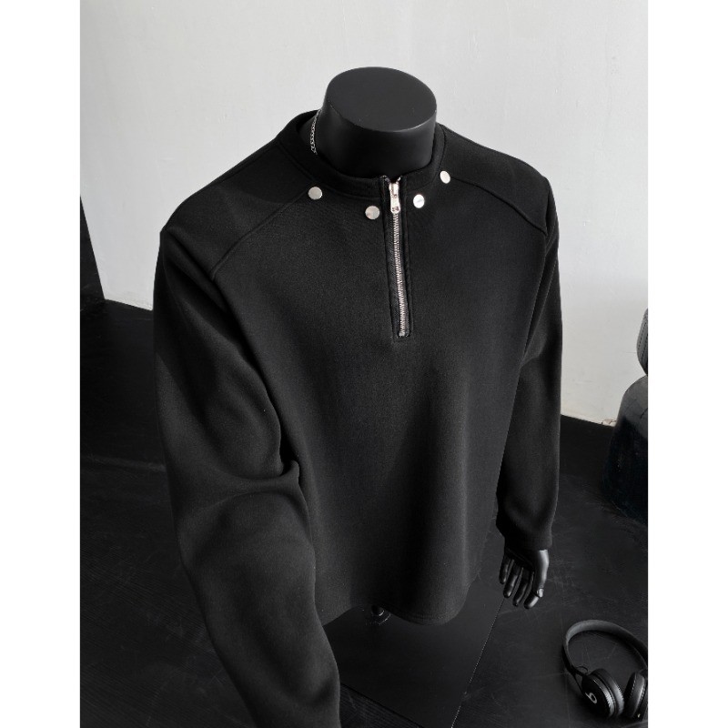 黑色半拉链长袖T恤男款秋冬季设计感铆钉拼接潮流痞帅打底衫上衣