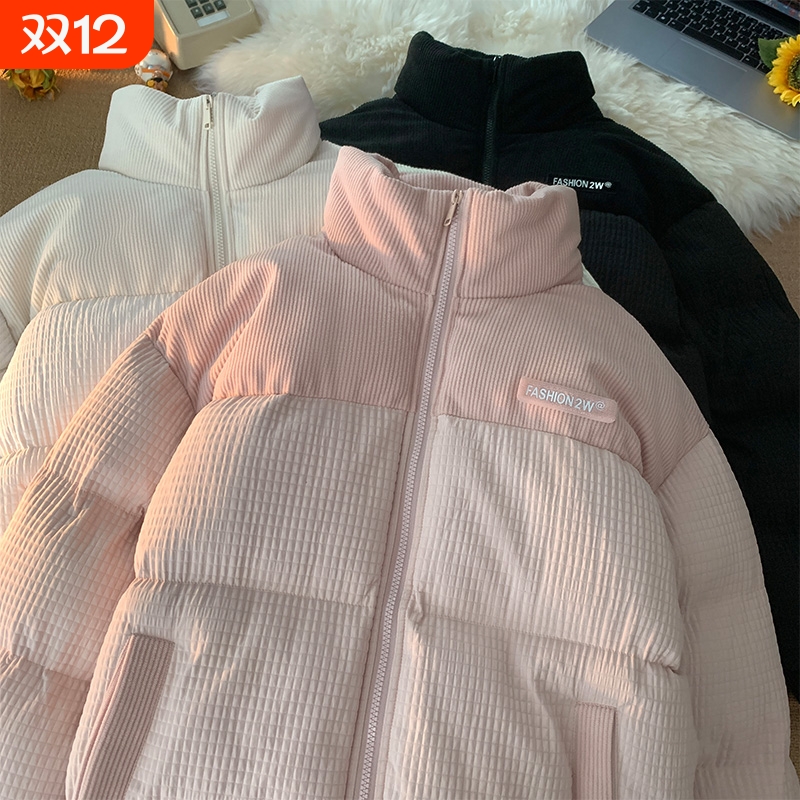 户外冬季短款羽绒服情侣装面包服拼接立领灯芯绒外套男生黑色白色