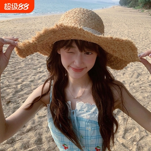 草帽大帽檐蕾丝女夏季海边度假沙滩遮阳防晒帽子法式可折叠白色