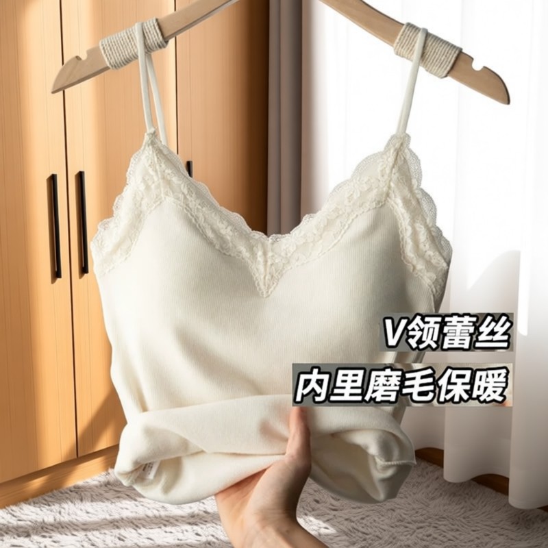 白色蕾丝花边v领保暖吊带背心女