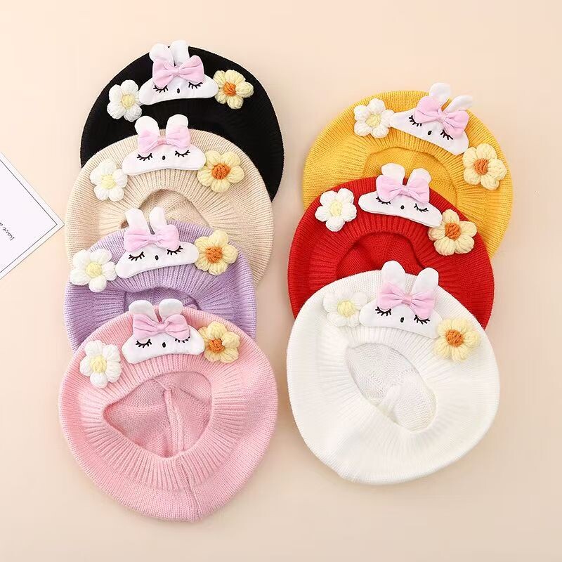 儿童贝雷帽女宝宝帽子秋冬季韩版小兔婴幼儿男童针织毛线画家帽潮