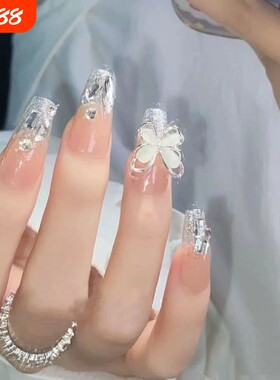 穿戴甲中长款穿戴高级感甲片大蝴蝶假美甲片固态蝴蝶结法式带钻
