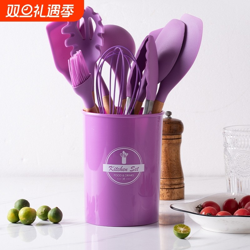 烹饪不粘锅木柄硅胶厨具12件套 锅铲汤勺煎铲厨房工具12件套装