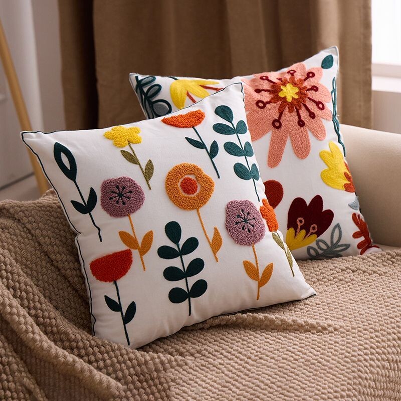 刺绣抱枕套清新田园靠枕垫客厅飘窗沙发轻奢高级感花朵可拆洗方形