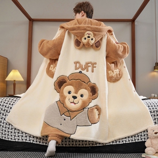 秋冬珊瑚绒男士睡衣加绒加厚青少年卡通睡浴袍男生家居服达菲印花