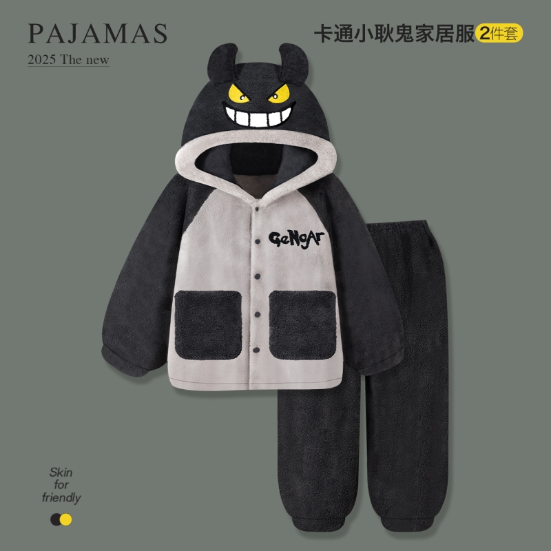 珊瑚绒睡衣男款秋冬季天加厚加绒保暖连帽法兰绒青少年家居服耿鬼