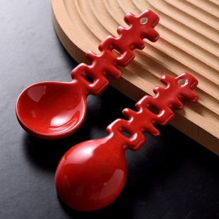 双喜调羹勺子家用陶瓷红色结婚甜品勺高颜值汤勺对勺 中式