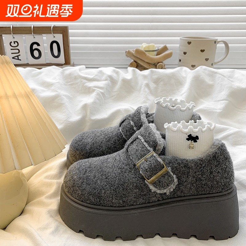 厚底增高加绒灰色勃肯鞋女2025新款冬季保暖雪地靴一脚蹬毛毛棉鞋