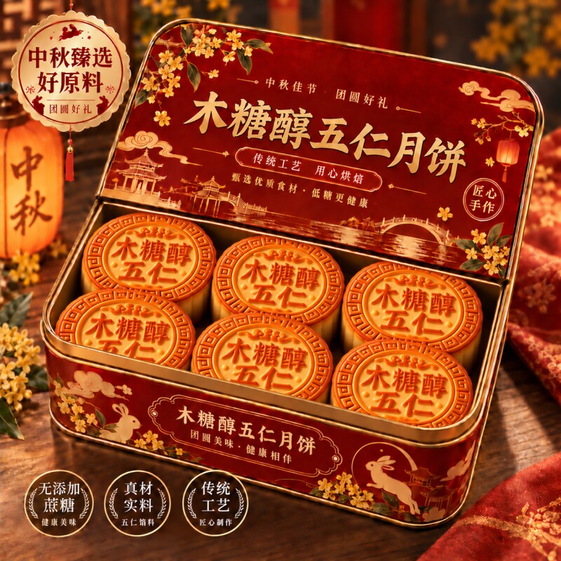 木糖醇五仁月饼无蔗糖老式旗舰店糕点糖尿人零食广式传统中秋无糖