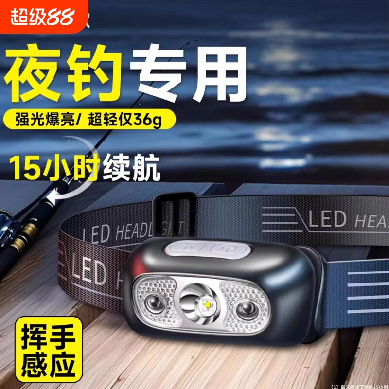 夜钓感应头灯钓鱼专用新款强光充电超亮超长续航野外头戴式照明灯图片