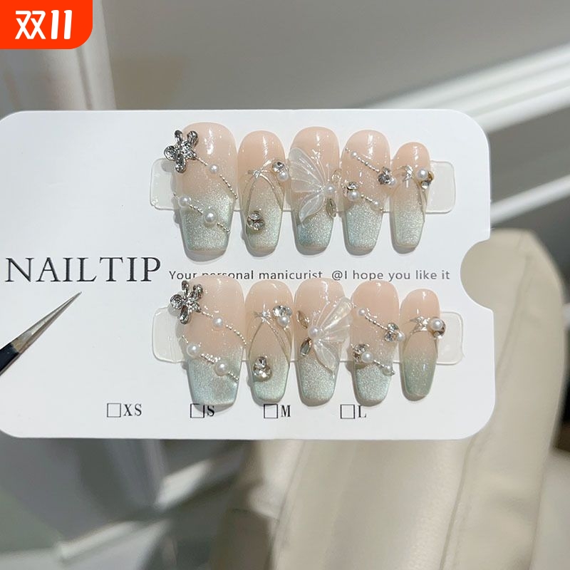 抖音爆款茉莉蝴蝶纯手工穿戴甲绿眼成品高级感精品美甲指甲贴