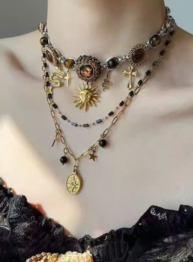 【阿波罗】甜酷风黑金太阳多层项链叠戴复古小众锁骨链高级感颈链