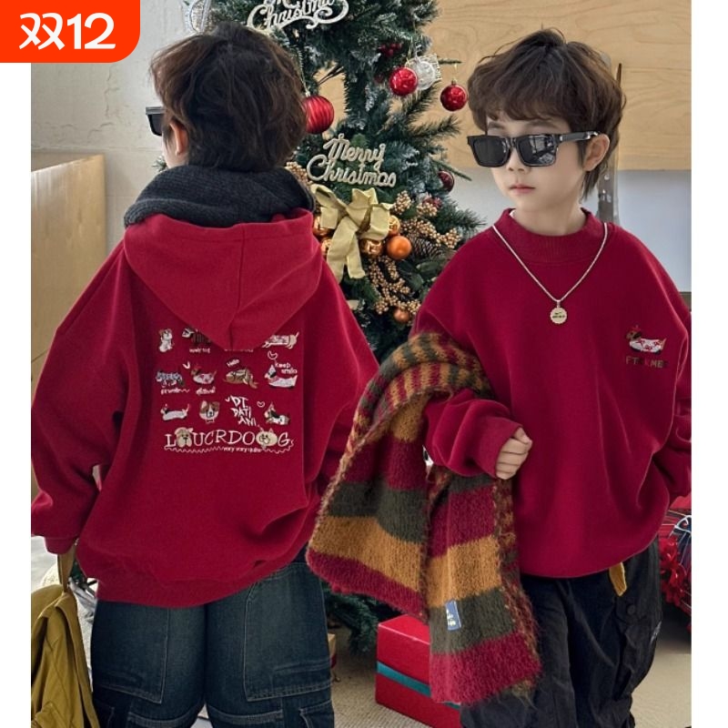 男童女童2025冬季新款加绒卫衣儿童圣诞服新年服保暖上衣潮THH293