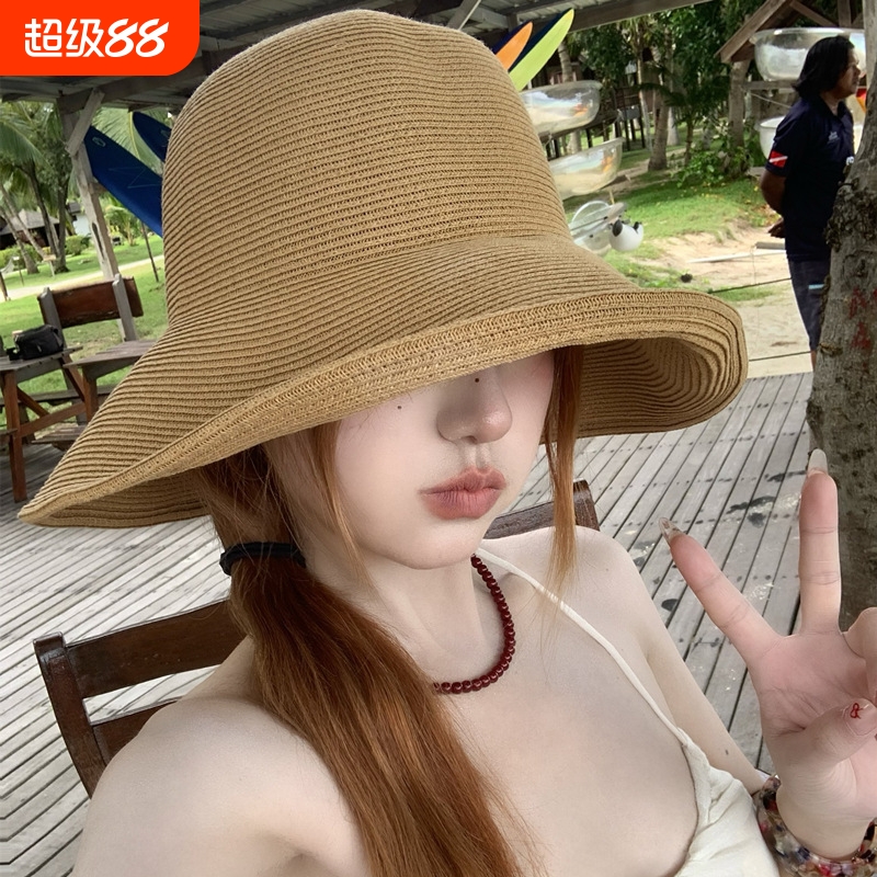 渔夫帽子编织草帽女夏季新款户外防紫外线遮阳透气可折叠圆顶防晒