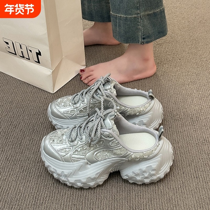 半拖老爹鞋女2026新款夏季超火百搭小个子运动厚底休闲包头拖鞋子