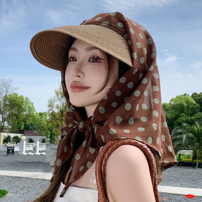 绑带丝巾草编帽子女防晒帽夏季防紫外线新款遮发护颈遮阳帽太阳帽