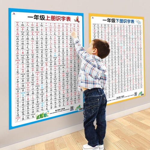 小学生识字挂图一年级上下册注音汉字启蒙认知大尺寸墙贴防水防油一年级语文上册下册认字生字识字表挂图卡片人教版识字书拼音墙贴