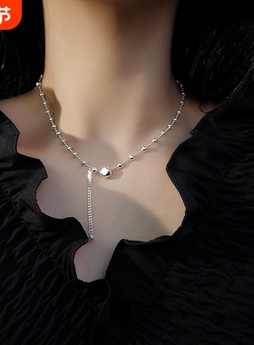 s925纯银风米珠拼接项链立体菱形流苏小众设计感时尚百搭网红圆珠