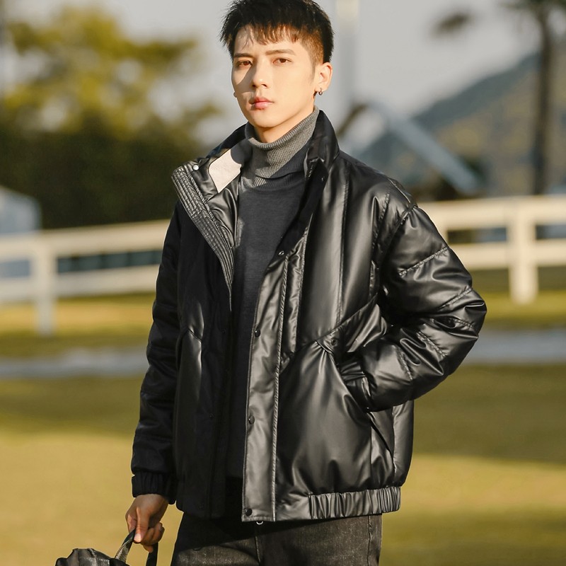 户外亮面PU皮衣羽绒服男加厚潮牌短款2025冬季新款修身痞立领外套