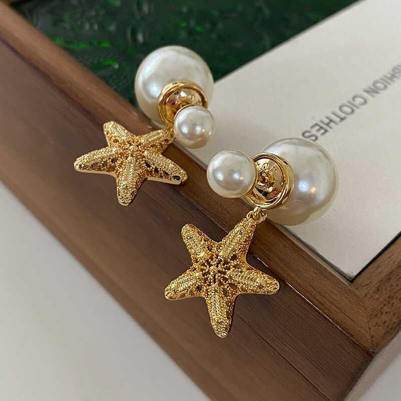 镂空五角星珍珠耳环2025新款高级感复古耳坠法式耳钉轻奢双面耳饰