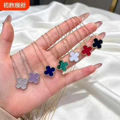 四叶草项链女时尚18k金锁骨链幸运草吊坠永远不掉色黄金红玛瑙