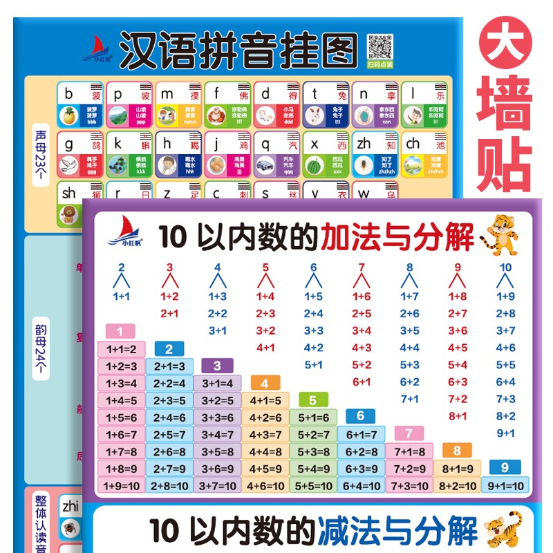 十10以内加减法挂图幼小衔接语文数学九九乘法表挂图7张墙贴套装