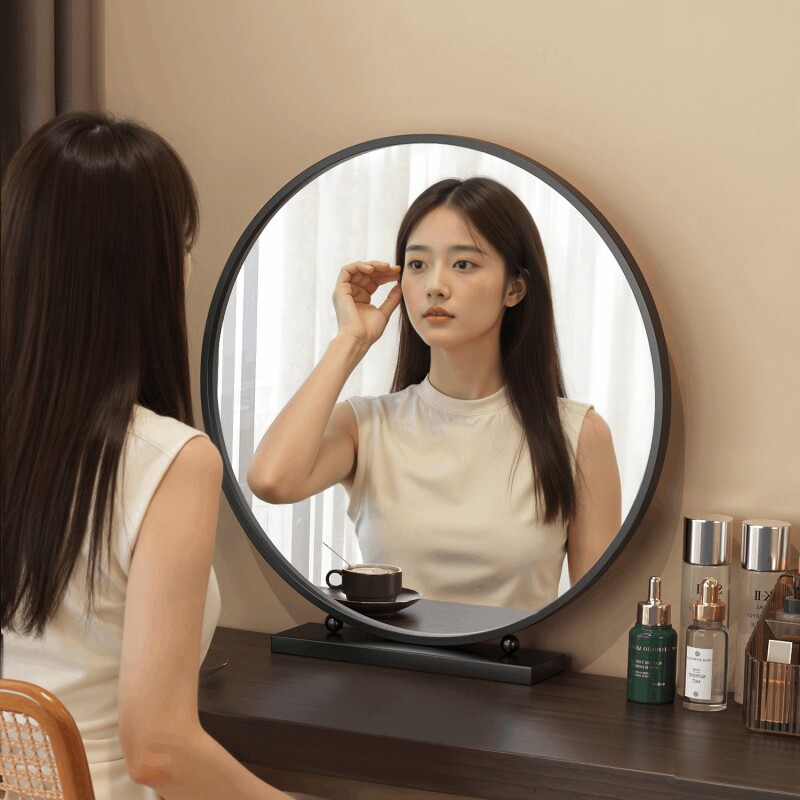 2026轻奢化妆镜圆形智能梳妆镜卧室台式桌面高级简约梳妆台大镜子