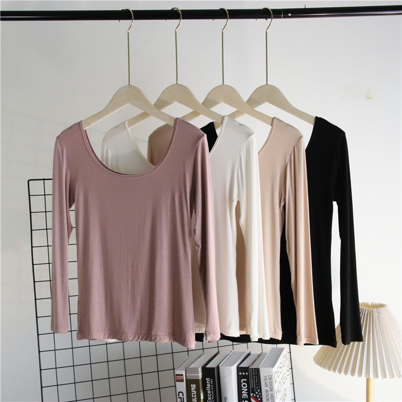 雅鹿款女士莫代尔秋衣超薄款U领大圆领单件上衣保暖内衣低领打底