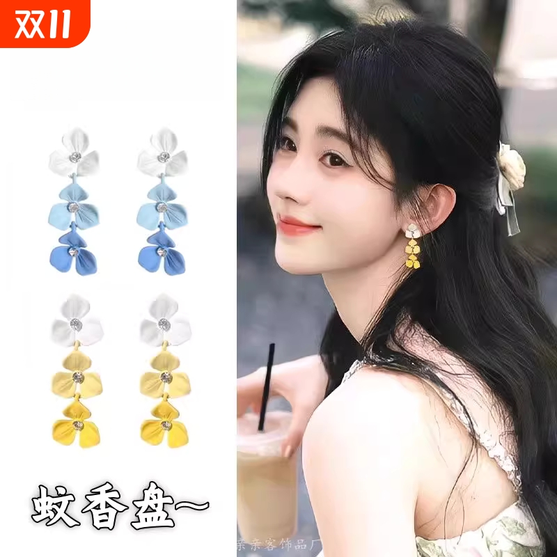 彩色花朵耳钉女设计感长款气质耳环可爱甜美耳坠蚊香盘耳夹耳饰