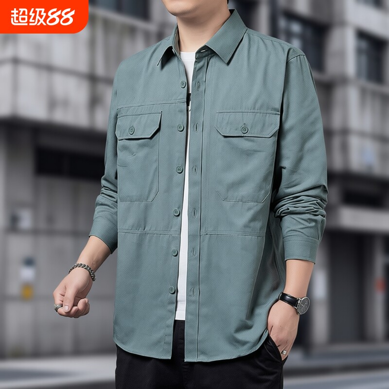 新款男士长袖衬衫春季工装翻领上衣服纯棉休闲衬衣外套男开衫黑色