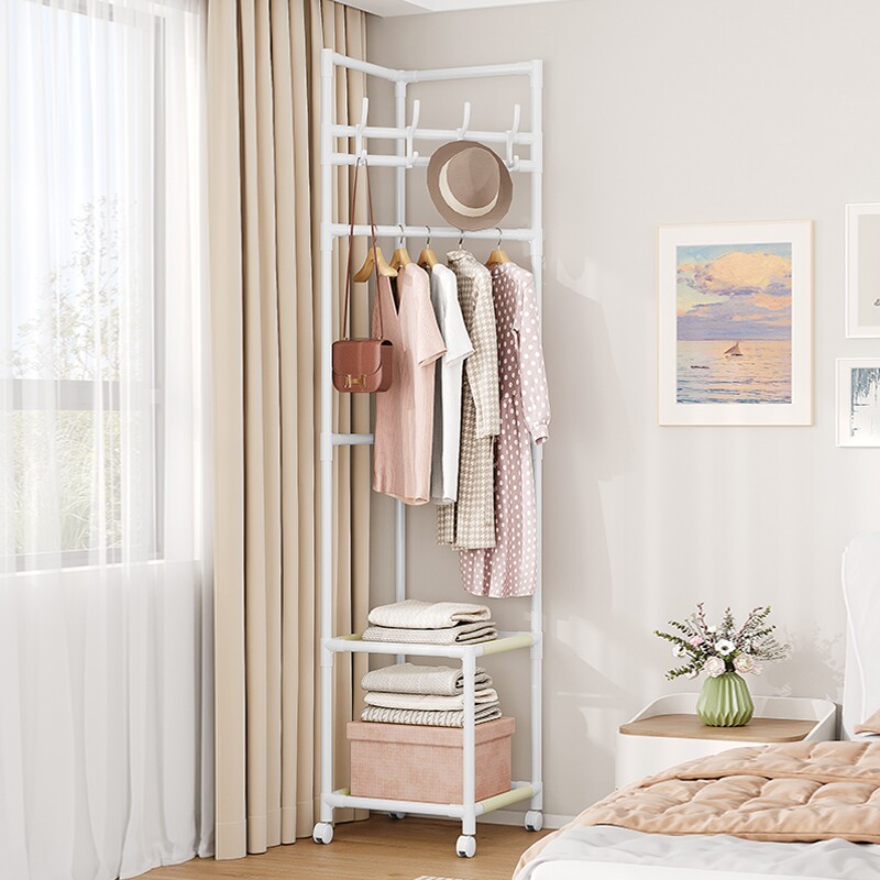 转角衣帽架落地卧室挂衣架置物架家用挂衣服架子墙角收纳双层移动