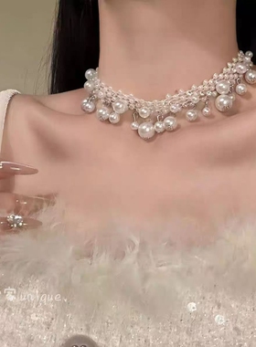 月畔浮珠法式重工项链气质锁骨链choker精致千金感流苏白色花朵