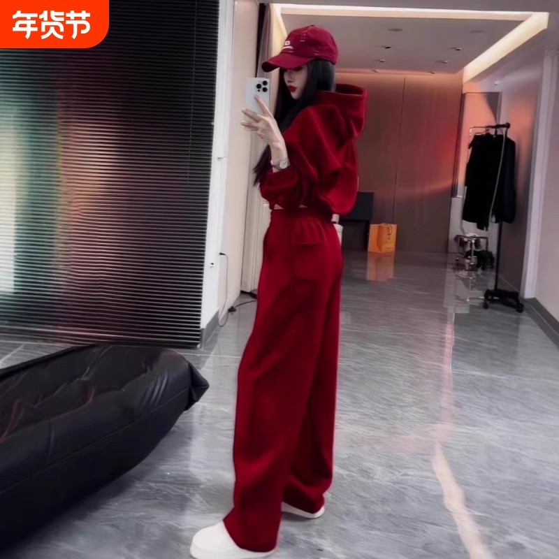 安可拉红色运动套装女秋冬新款宽松休闲卫衣阔腿裤时尚加绒两件套,运动服/休闲服装,运动套装,淘宝优惠券,粉丝福利购,淘宝优惠卷