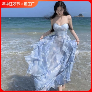 氛围感蓝色抹胸吊带连衣裙女夏季 海边度假沙滩长裙日落仙女裙 法式