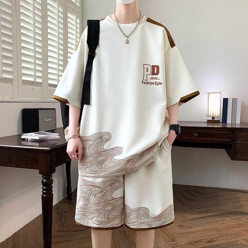 设计感套装男夏季休闲运动冰丝短袖短裤男装一套搭帅气青少年衣服