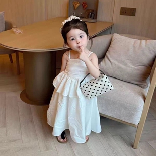 女宝宝夏季简约吊带裙女童夏装长裙白色纯棉裙子儿童装法式连衣裙