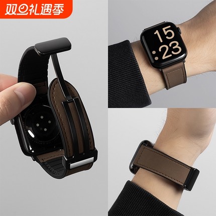 适用苹果S10表带男iwatch9手表applewatch8疯马纹皮质S9透气S8新款10磁吸S7运动7智能S6真皮SE硅胶秋冬女腕带
