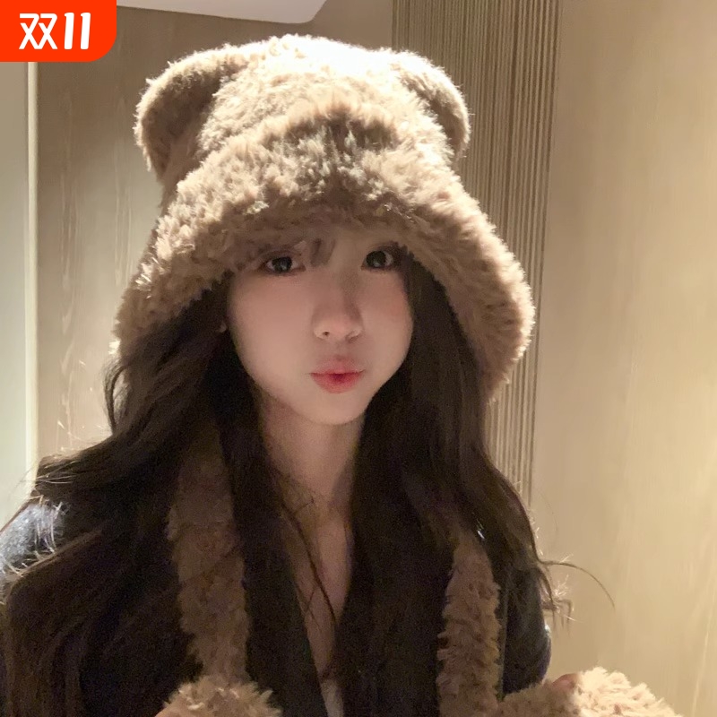 可爱小熊帽子女秋冬季耳朵显脸小大头围保暖毛线毛绒帽针织雷锋帽