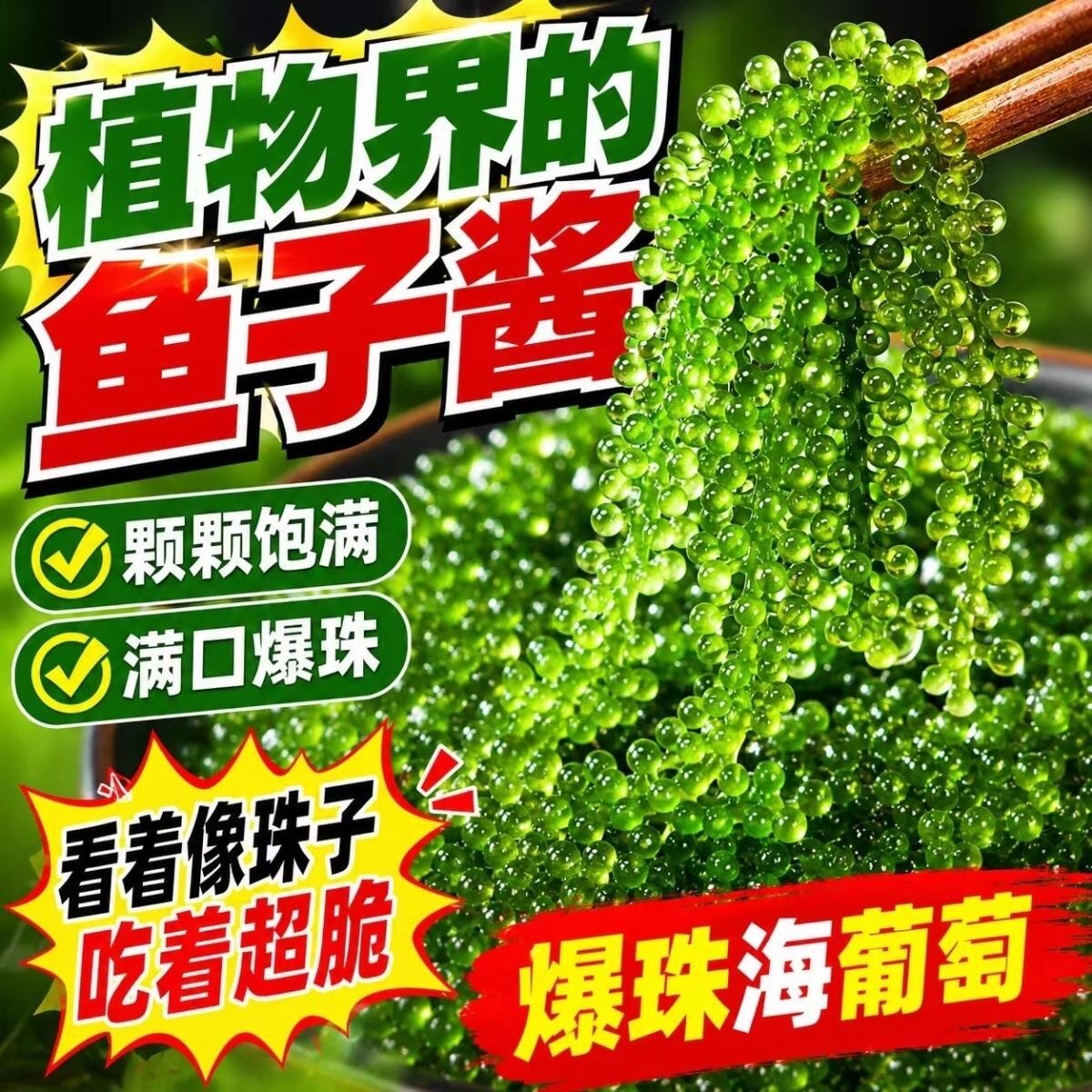 新鲜海葡萄爆浆口感即食海藻海带海菜绿色鱼子酱寿司沙拉