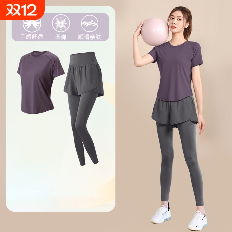 健身衣夏户外运动套装女宽松显瘦瑜伽服短袖弹力速干衣跑步服白色