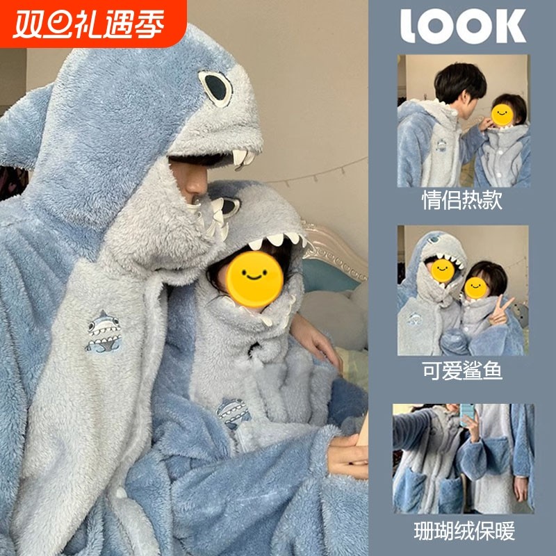 珊瑚绒睡衣女款2025新款秋冬季男士情侣加厚睡裙鲨鱼睡袍家居套装
