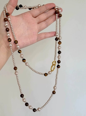 【琥珀流光】中古vintage双层虎眼色仿珍珠项链长毛衣链百搭颈链