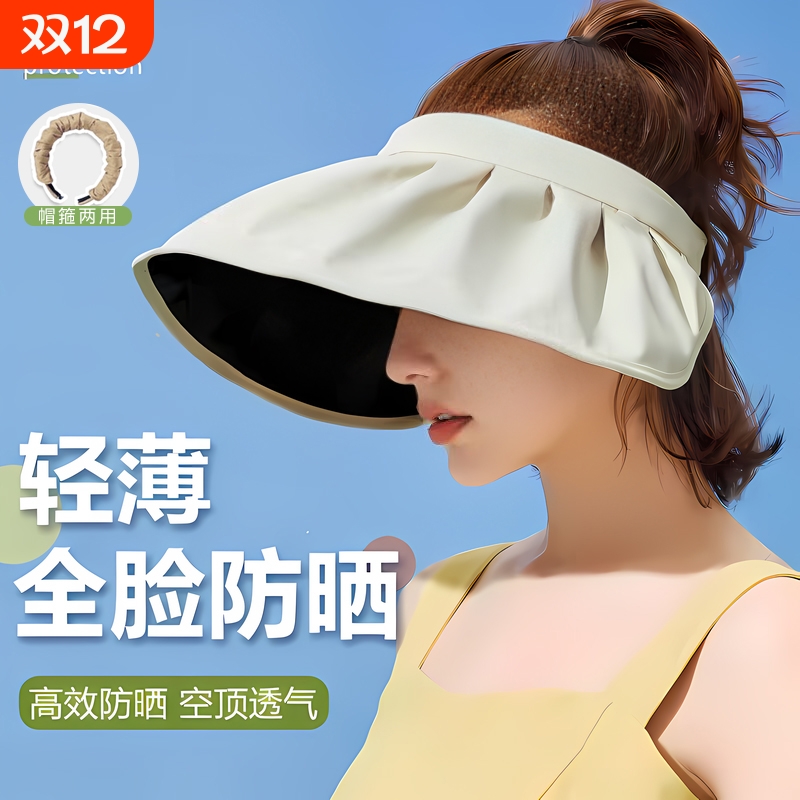 发箍式贝壳遮阳帽女2025新款防晒防紫外线大帽檐黑胶空顶太阳帽子