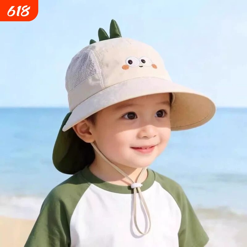夏季宝宝防晒渔夫帽子可爱大帽檐披肩可拆薄款男女童外出网眼遮阳