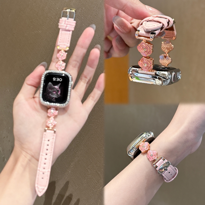 适用于苹果手表iwatch表带s11/10代山茶花金属镶钻拼皮质apple watch987654321se代ultra3个性时尚手链款表带
