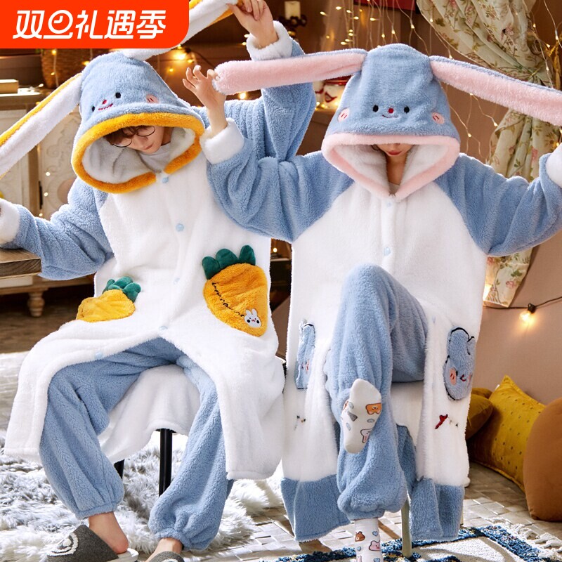 红豆珊瑚绒情侣睡衣冬男女秋冬长袖加厚加绒法兰绒家居服套装睡袍