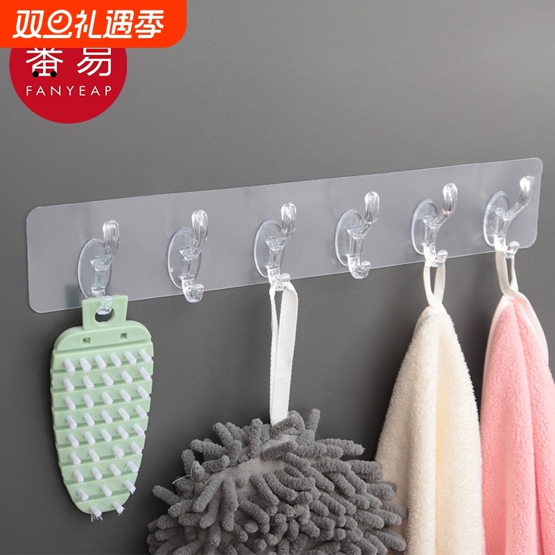 粘钩/联排A1vo0-连排挂钩透明六联粘胶免打孔门后用家用粘钩