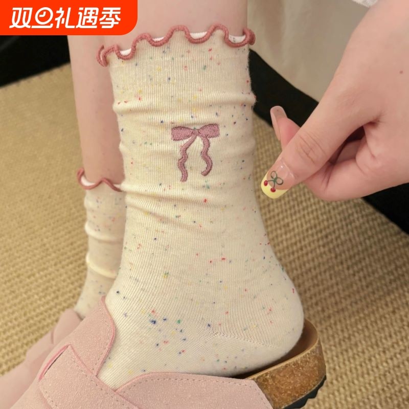 蝴蝶结袜子女春秋款堆堆袜日系可爱木耳边防臭中筒月子袜配勃肯鞋