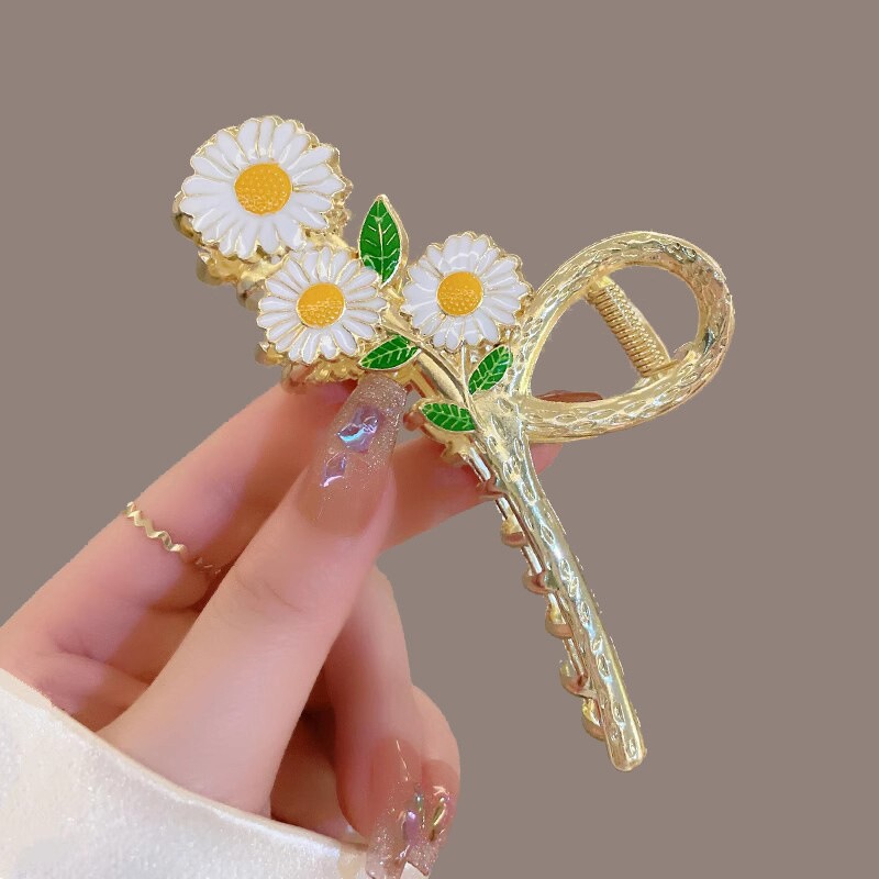 三朵小雏菊金属抓夹精致花朵发抓碎发夹清新后脑勺盘发发卡鲨鱼夹